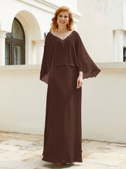 Robe de A-ligne en Mousseline à Col en V avec Volants Perlé en Cascade Chocolat Grande Taille