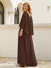 Robe de A-ligne en Mousseline à Col en V avec Volants Perlé en Cascade Chocolat Grande Taille