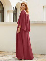 Robe de A-ligne en Mousseline à Col en V avec Volants Perlé en Cascade Cannelle Rose
