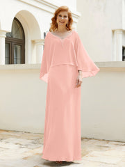 Robe de A-ligne en Mousseline à Col en V avec Volants Perlé en Cascade Corail