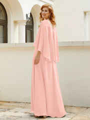 Robe de A-ligne en Mousseline à Col en V avec Volants Perlé en Cascade Corail