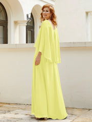Robe de A-ligne en Mousseline à Col en V avec Volants Perlé en Cascade Jonquille Grande Taille