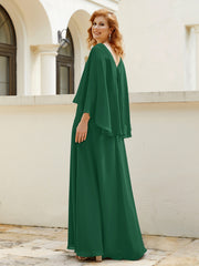 Robe de A-ligne en Mousseline à Col en V avec Volants Perlé en Cascade Vert Foncé