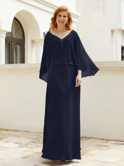 Robe de A-ligne en Mousseline à Col en V avec Volants Perlé en Cascade Bleu Marine Grande Taille