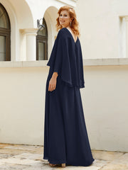 Robe de A-ligne en Mousseline à Col en V avec Volants Perlé en Cascade Bleu Marine Grande Taille