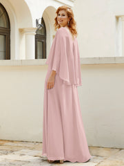 Robe de A-ligne en Mousseline à Col en V avec Volants Perlé en Cascade Rose Poudré Grande Taille
