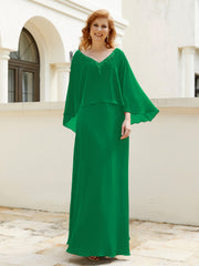 Robe de A-ligne en Mousseline à Col en V avec Volants Perlé en Cascade Emeraude