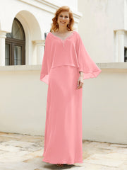 Robe de A-ligne en Mousseline à Col en V avec Volants Perlé en Cascade Flamant Grande Taille
