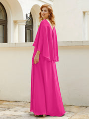 Robe de A-ligne en Mousseline à Col en V avec Volants Perlé en Cascade Fuchsia