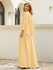 Robe de A-ligne en Mousseline à Col en V avec Volants Perlé en Cascade Or Grande Taille