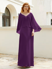 Robe de A-ligne en Mousseline à Col en V avec Volants Perlé en Cascade Raisin