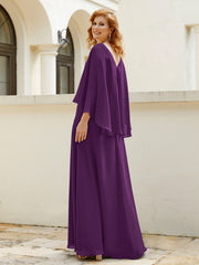 Robe de A-ligne en Mousseline à Col en V avec Volants Perlé en Cascade Raisin