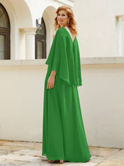 Robe de A-ligne en Mousseline à Col en V avec Volants Perlé en Cascade Vert
