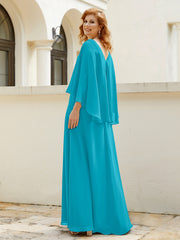Robe de A-ligne en Mousseline à Col en V avec Volants Perlé en Cascade Jade Grande Taille