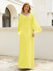 Robe de A-ligne en Mousseline à Col en V avec Volants Perlé en Cascade Citron