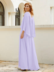 Robe de A-ligne en Mousseline à Col en V avec Volants Perlé en Cascade Lilas