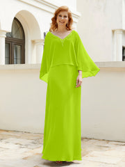 Robe de A-ligne en Mousseline à Col en V avec Volants Perlé en Cascade Vert Citron
