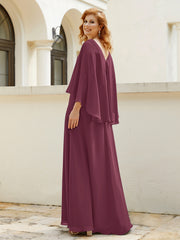 Robe de A-ligne en Mousseline à Col en V avec Volants Perlé en Cascade Mûre
