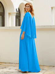 Robe de A-ligne en Mousseline à Col en V avec Volants Perlé en Cascade Bleu Océan
