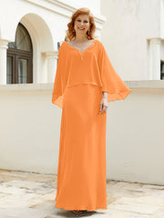 Robe de A-ligne en Mousseline à Col en V avec Volants Perlé en Cascade Orange