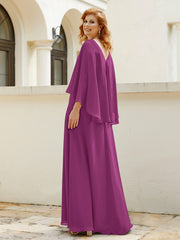 Robe de A-ligne en Mousseline à Col en V avec Volants Perlé en Cascade Orchidee Grande Taille