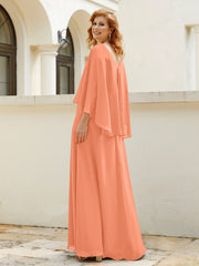 Robe de A-ligne en Mousseline à Col en V avec Volants Perlé en Cascade Papaye