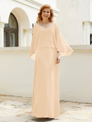 Robe de A-ligne en Mousseline à Col en V avec Volants Perlé en Cascade Pêche Grande Taille