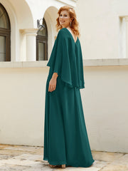 Robe de A-ligne en Mousseline à Col en V avec Volants Perlé en Cascade Paon
