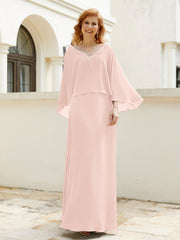 Robe de A-ligne en Mousseline à Col en V avec Volants Perlé en Cascade Rose Perle