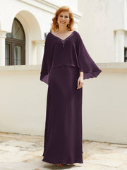 Robe de A-ligne en Mousseline à Col en V avec Volants Perlé en Cascade Plum Grande Taille