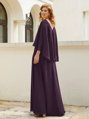 Robe de A-ligne en Mousseline à Col en V avec Volants Perlé en Cascade Plum Grande Taille