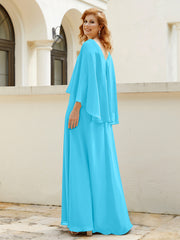 Robe de A-ligne en Mousseline à Col en V avec Volants Perlé en Cascade Piscine Grande Taille
