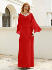 Robe de A-ligne en Mousseline à Col en V avec Volants Perlé en Cascade Rouge