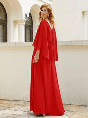 Robe de A-ligne en Mousseline à Col en V avec Volants Perlé en Cascade Rouge