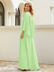 Robe de A-ligne en Mousseline à Col en V avec Volants Perlé en Cascade Sauge Grande Taille