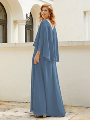 Robe de A-ligne en Mousseline à Col en V avec Volants Perlé en Cascade Bleu de Schiste