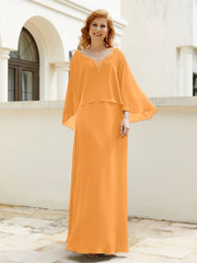 Robe de A-ligne en Mousseline à Col en V avec Volants Perlé en Cascade Mandarine