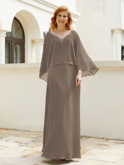 Robe de A-ligne en Mousseline à Col en V avec Volants Perlé en Cascade Taupe