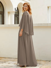 Robe de A-ligne en Mousseline à Col en V avec Volants Perlé en Cascade Taupe Grande Taille