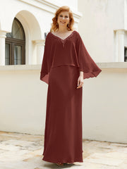 Robe de A-ligne en Mousseline à Col en V avec Volants Perlé en Cascade Terracotta