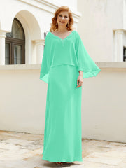 Robe de A-ligne en Mousseline à Col en V avec Volants Perlé en Cascade Turquoise