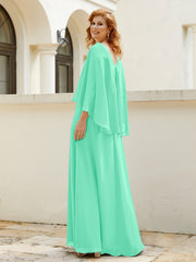 Robe de A-ligne en Mousseline à Col en V avec Volants Perlé en Cascade Turquoise