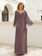 Robe de A-ligne en Mousseline à Col en V avec Volants Perlé en Cascade Vintage Mauve Grande Taille