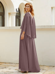 Robe de A-ligne en Mousseline à Col en V avec Volants Perlé en Cascade Vintage Mauve Grande Taille
