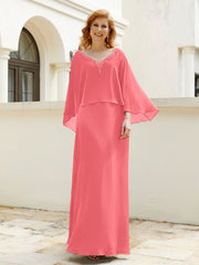 Robe de A-ligne en Mousseline à Col en V avec Volants Perlé en Cascade Pastèque Grande Taille