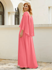 Robe de A-ligne en Mousseline à Col en V avec Volants Perlé en Cascade Pastèque Grande Taille