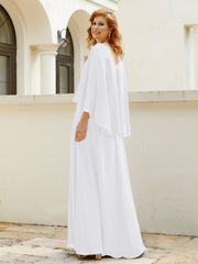 Robe de A-ligne en Mousseline à Col en V avec Volants Perlé en Cascade Blanc