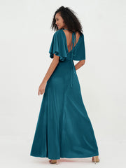 Robes Longues Fourreau en Velours avec Manches Flottantes Bleu Encre