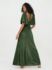 Robes Longues Fourreau en Velours avec Manches Flottantes Olive Verte
