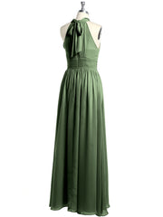 Col Haut Longueur Complète Robes Avec Fente Olive Verte